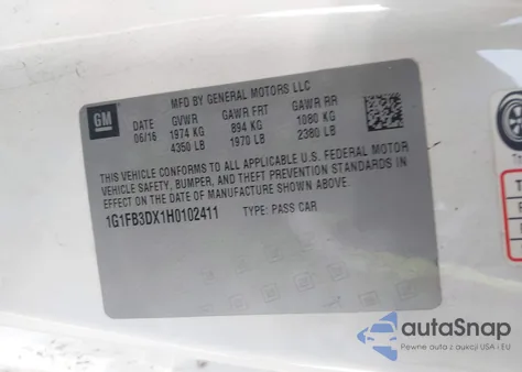 2017 Chevrolet Camaro 1Lt z USA, uszkodzony, nr VIN 1G1FB3DX1H0102411